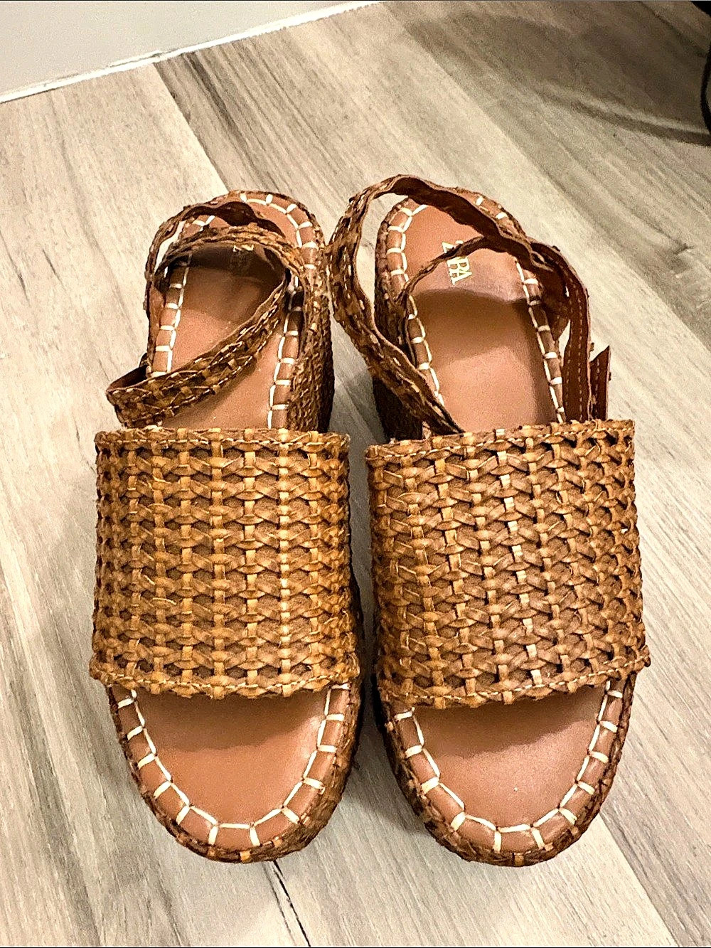 ZARA Woven Brown Ankle Wrap Wedge Sandals